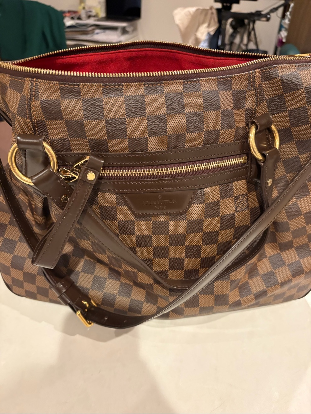Louis Vuitton Brown Damier Ebene Canvas Shoulder Bag with Gold Hardware